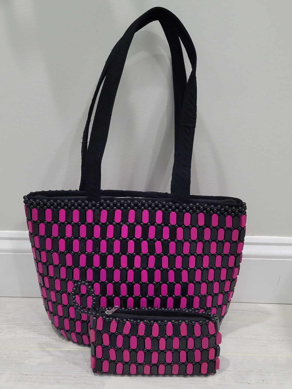 African Beaded Tote Bag & Matching Wallet Pink Black Handmade Tribal Boho